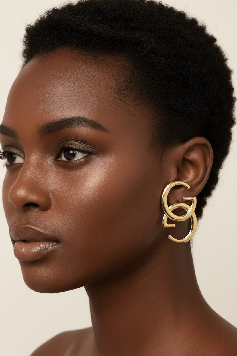 Gold Double-G Statement Stud Earrings - Pixie Cut Model