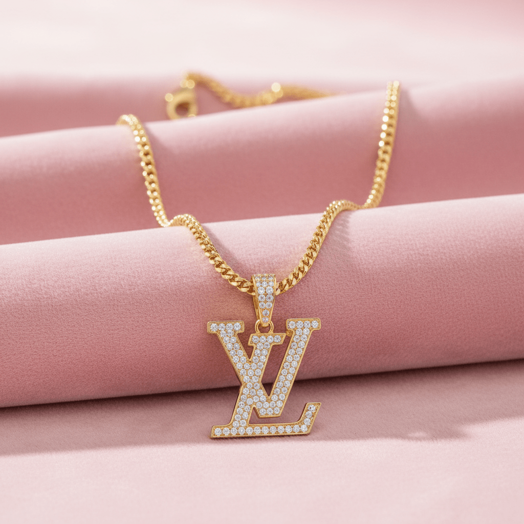 Gold LV Pendant Cuban Link Necklace