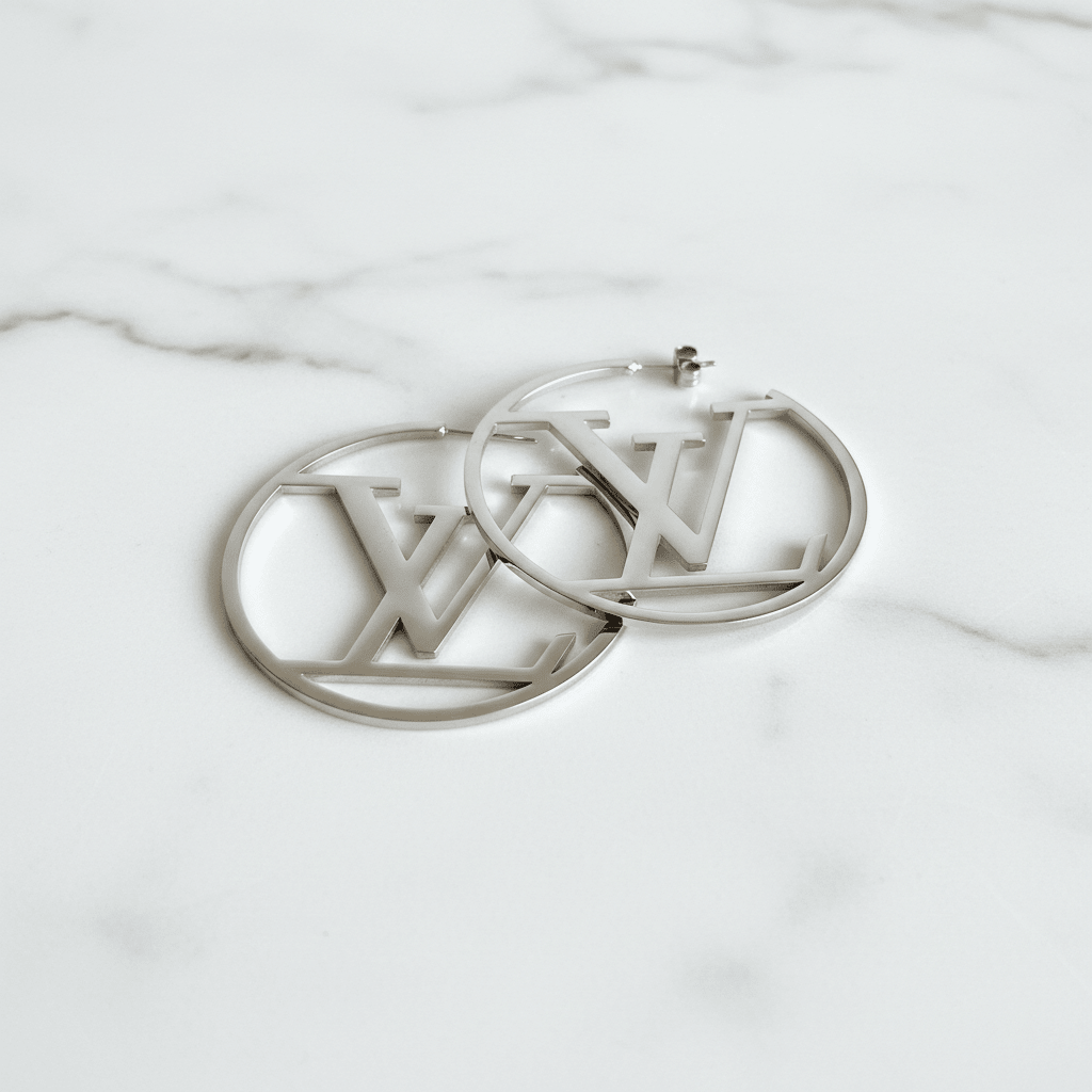 Silver LV logo cutout hoop earrings on white marble surface