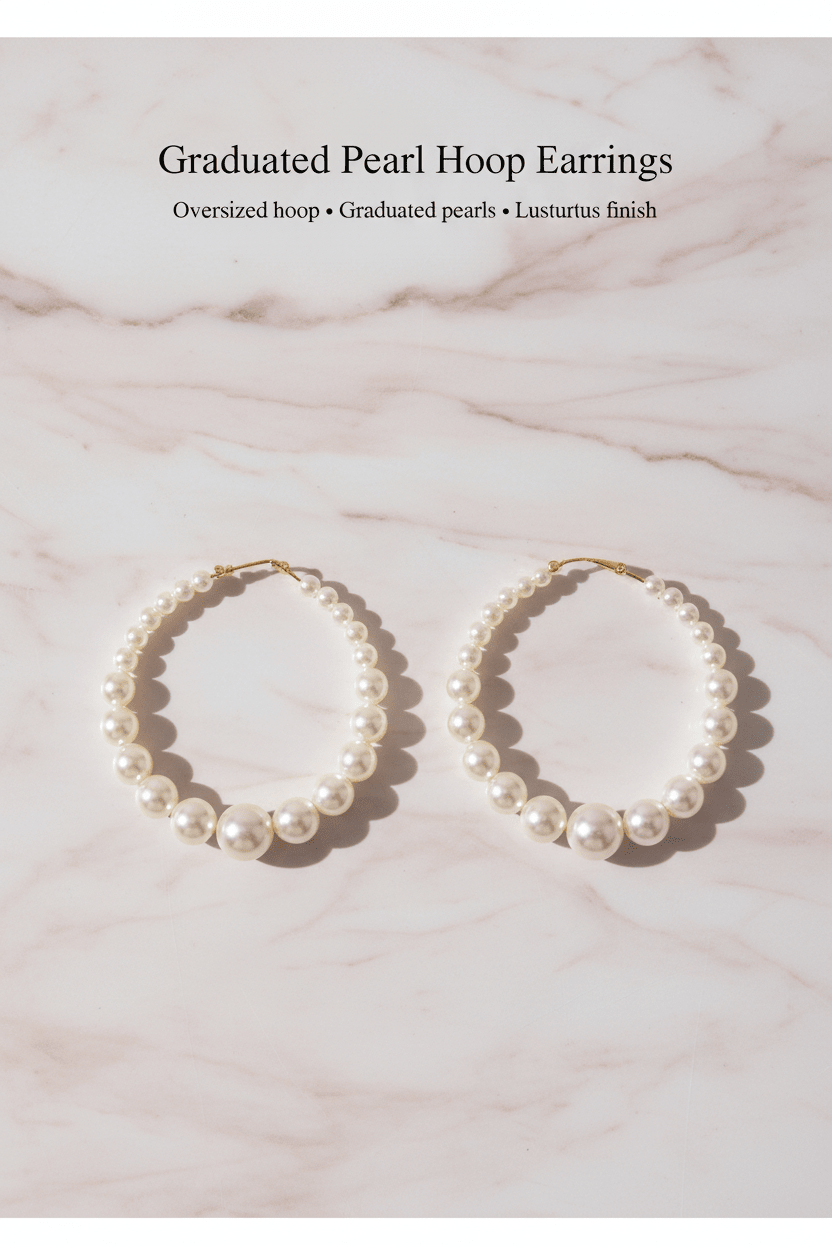 Graduated Pearl Hoop Earrings on pink marble background