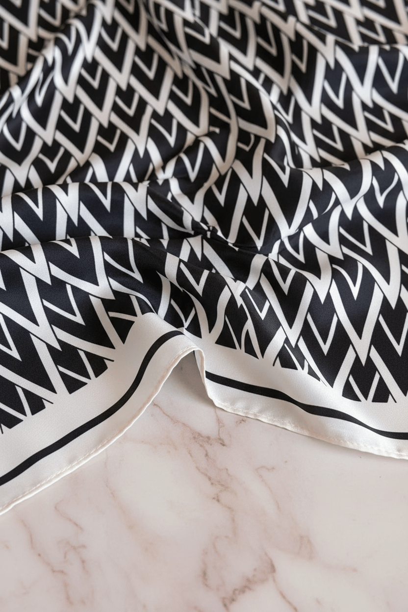 Close up detail of black and white chevron satin fabric with blush marble background