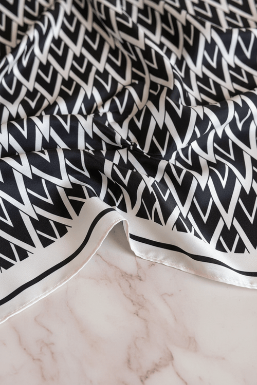 Close up detail of black and white chevron satin fabric with blush marble background