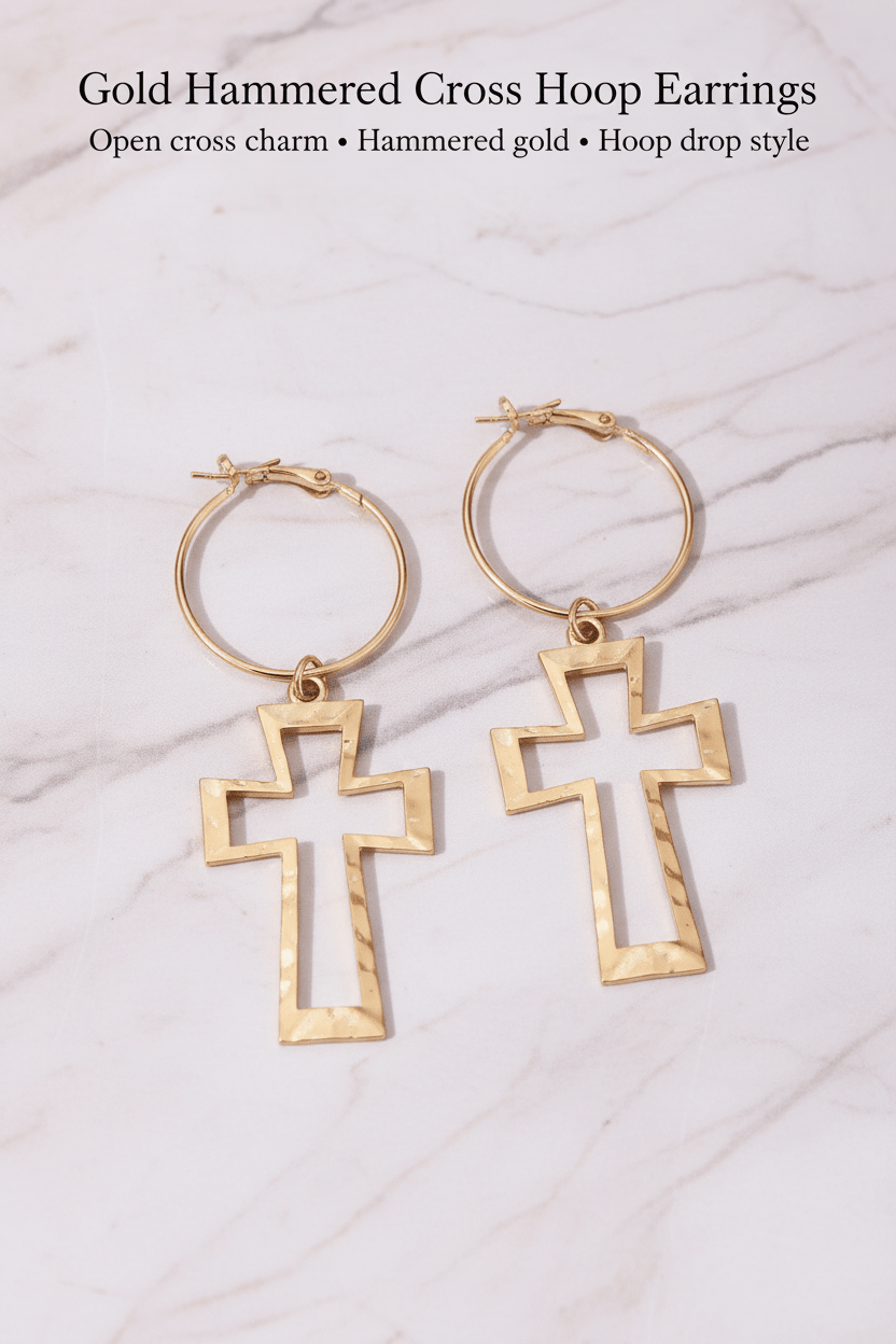 Gold Hammered Cross Hoop Earrings flat lay on marble background