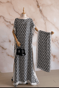 Black and white chevron moo moo dress with blush marble background