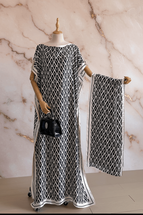 Black and white chevron moo moo dress with blush marble background