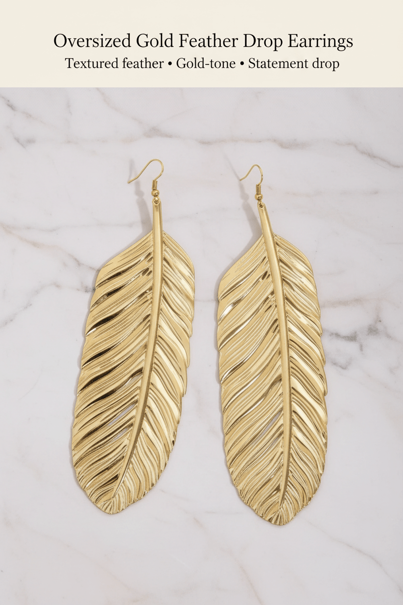 Oversized Gold Feather Drop Earrings large flat lay on marble background