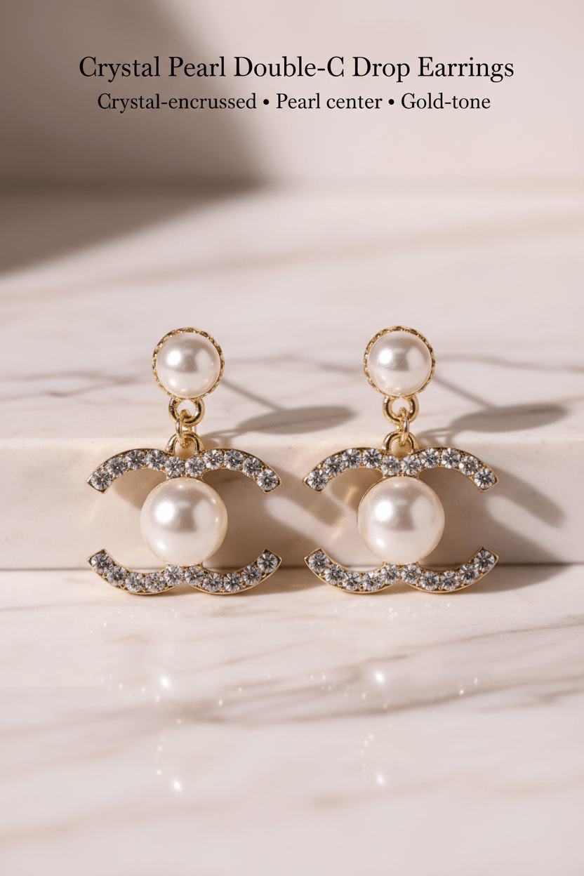 Crystal Pearl Double-C Drop Earrings on pink marble background