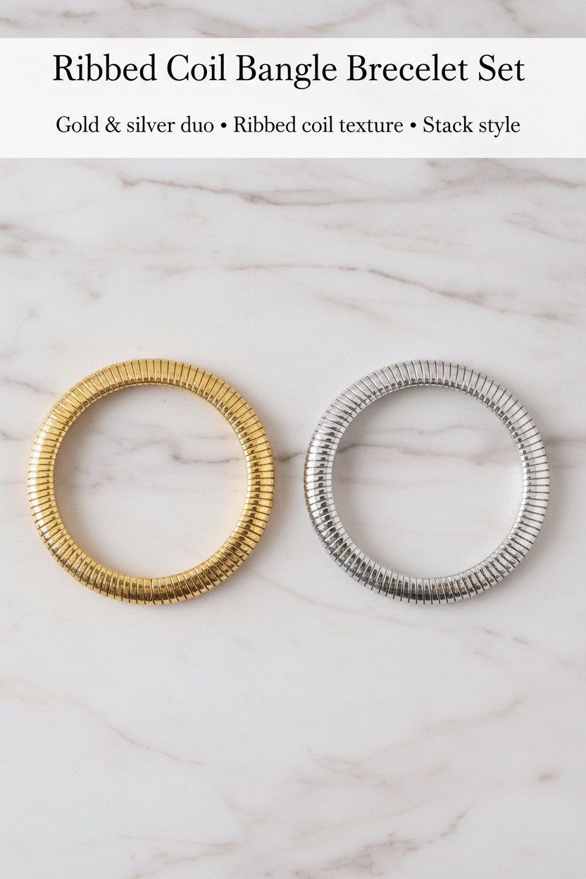 Ribbed Coil Bangle Bracelet Set on marble background