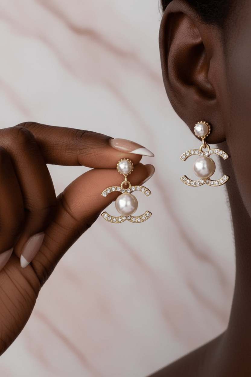 Crystal Pearl Double-C Drop Earrings worn by dark skin model on marble background