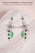 Enchanted Dragonfly Leaf Drop Earrings on pink marble background