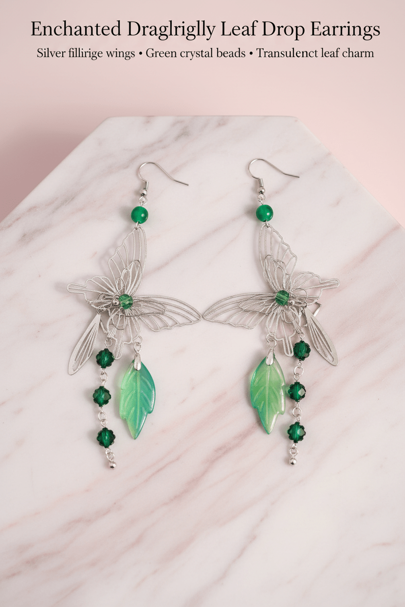 Enchanted Dragonfly Leaf Drop Earrings on pink marble background