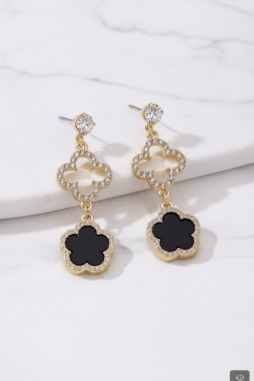 Black & Gold Double Clover Drop Earrings - HD product photo