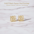 Small Gold Filigree Square Stud Earrings on pink marble background