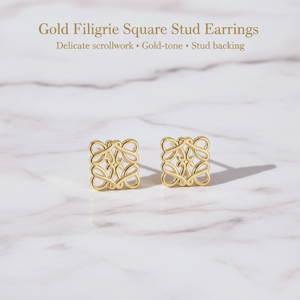 Small Gold Filigree Square Stud Earrings on pink marble background