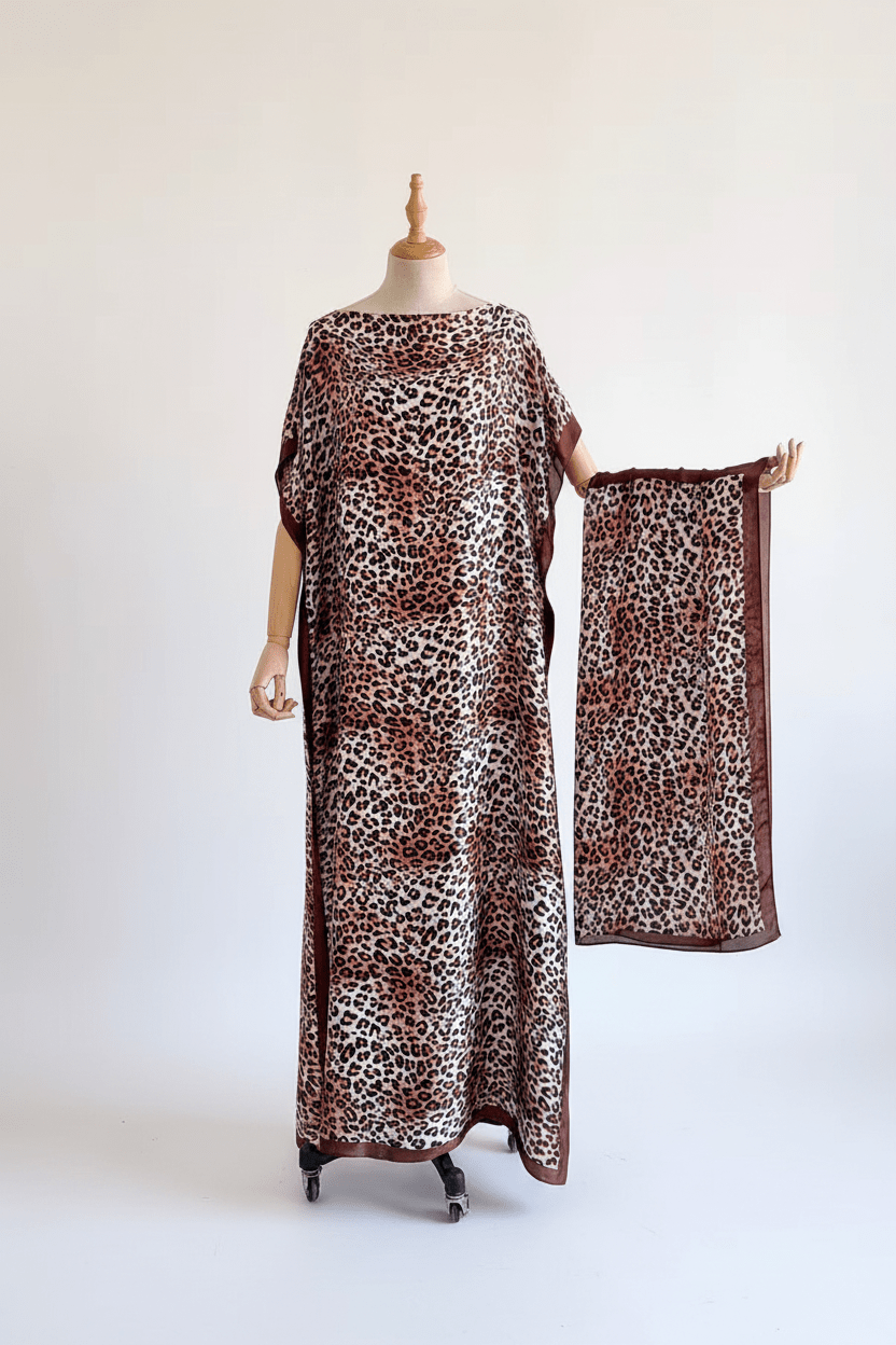 Leopard print moo moo kaftan dress with matching scarf, white studio background