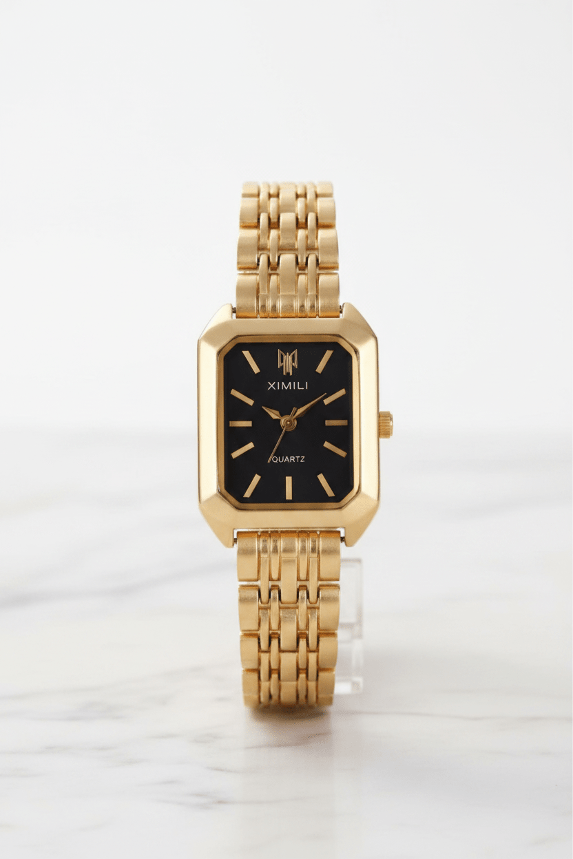 Gold Rectangle Black Dial Women's Watch - upright display
