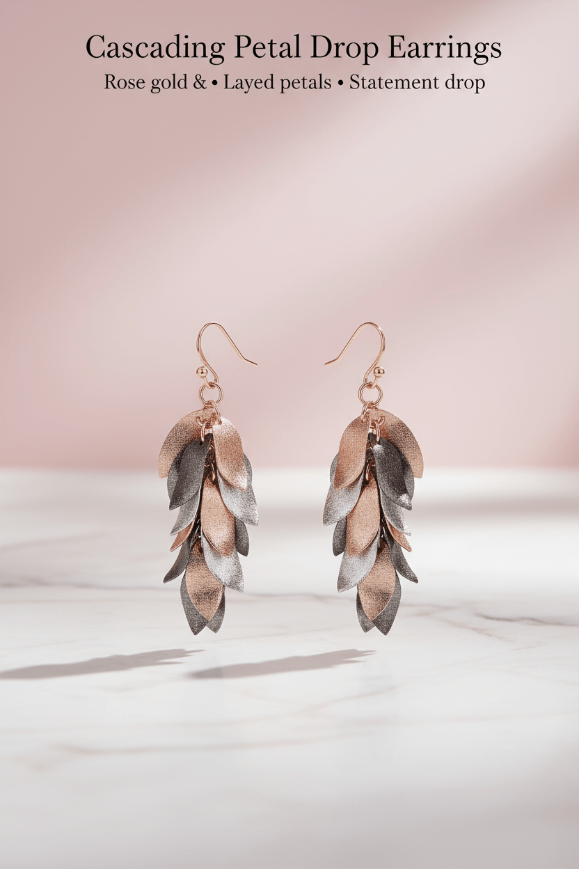 Cascading Petal Drop Earrings on pink marble background