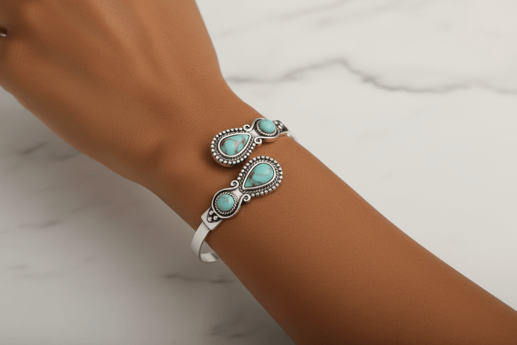 Turquoise Stone Silver Cuff Bracelet - HD wrist shot
