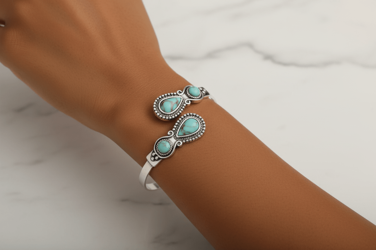 Turquoise Stone Silver Cuff Bracelet - HD wrist shot