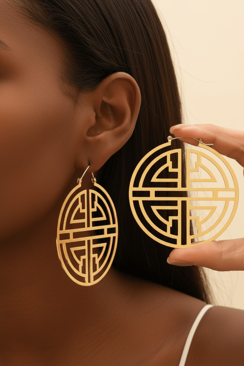 Oversized Gold Geometric Circle Hoop Earrings - worn on model with dark skin