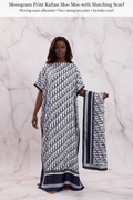 Monogram Print Kaftan Moo Moo with Matching Scarf worn by dark skin model on marble background