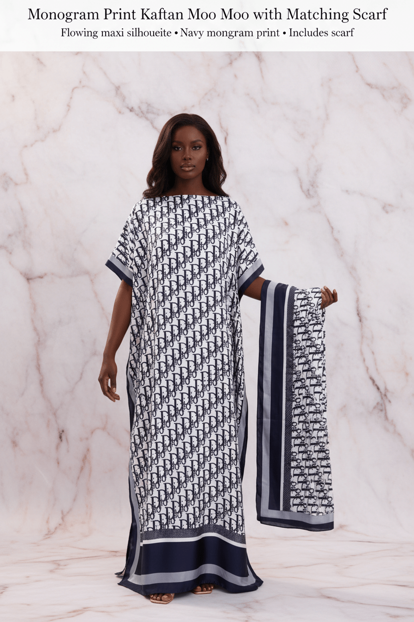 Monogram Print Kaftan Moo Moo with Matching Scarf worn by dark skin model on marble background