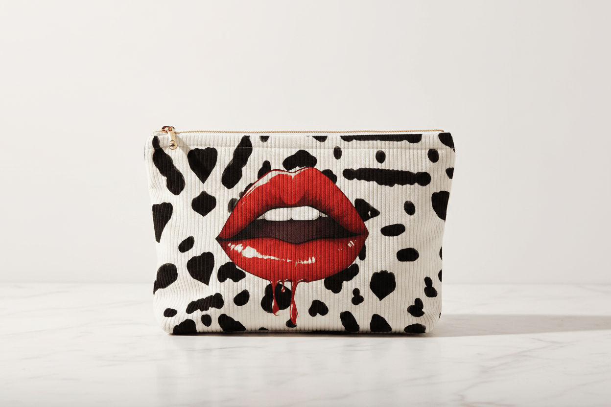 Red Lips Cow Print Makeup Bag - HD product photo