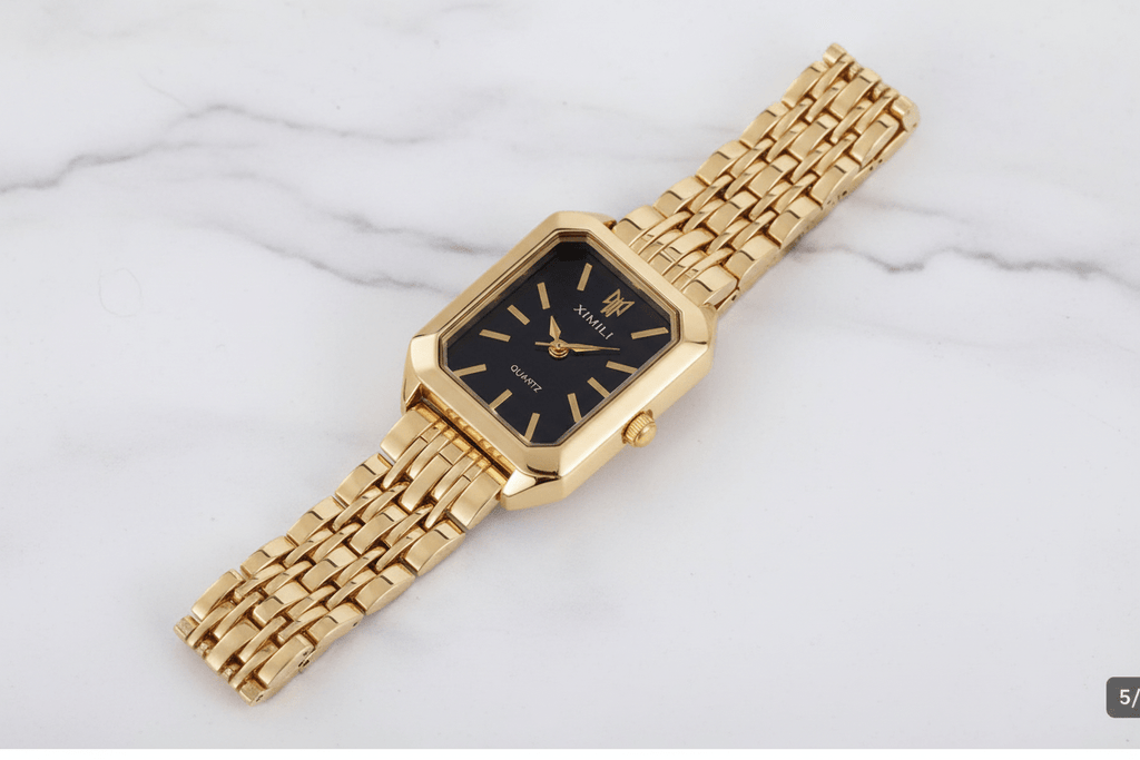 Gold Rectangle Black Dial Women's Watch - flat lay